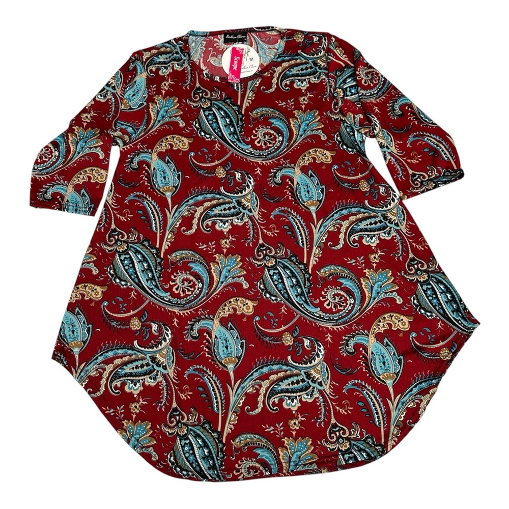Southern Charm Burgundy Turquoise Paisley Flutter Tunic V-Neck 3/4 Sleeves Sz M
